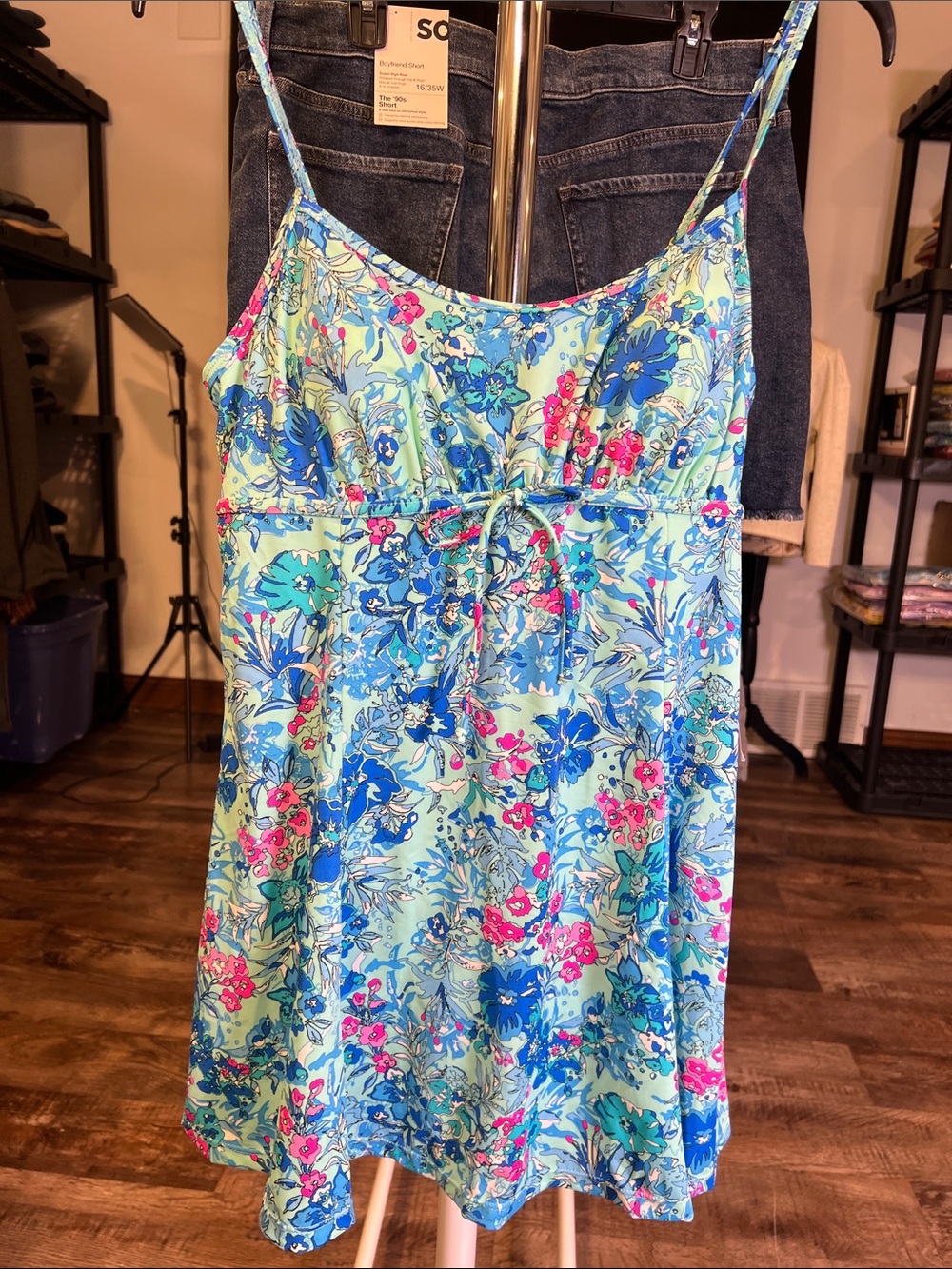 Floral Spaghetti-Strap One-Piece Swimdress in Aqua Blue and Pink